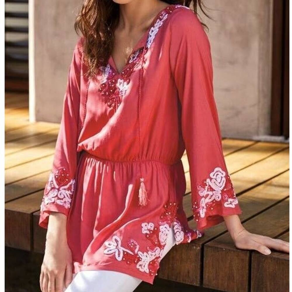 Soft Surroundings Pink Coral Floral Crush Embellished Tunic Top